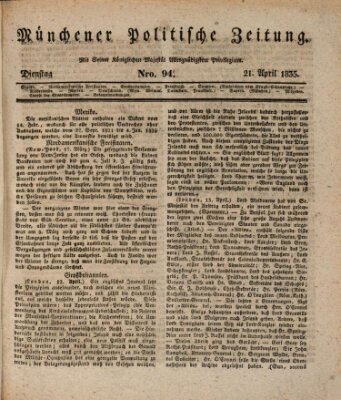 Münchener politische Zeitung (Süddeutsche Presse) Dienstag 21. April 1835