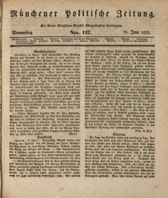 Münchener politische Zeitung (Süddeutsche Presse) Donnerstag 11. Juni 1835