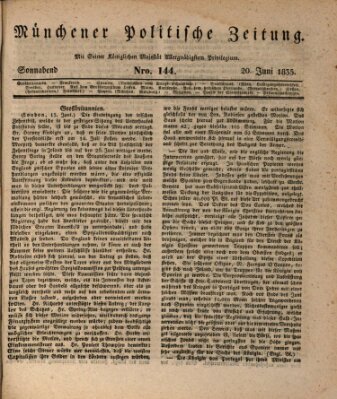 Münchener politische Zeitung (Süddeutsche Presse) Samstag 20. Juni 1835