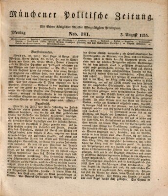 Münchener politische Zeitung (Süddeutsche Presse) Montag 3. August 1835