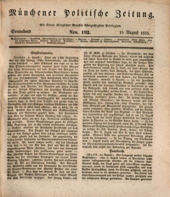 Münchener politische Zeitung (Süddeutsche Presse) Samstag 15. August 1835