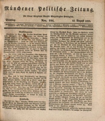 Münchener politische Zeitung (Süddeutsche Presse) Dienstag 18. August 1835