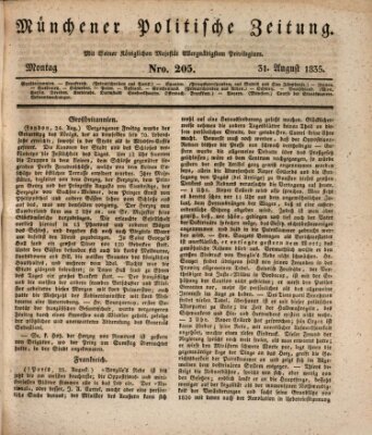 Münchener politische Zeitung (Süddeutsche Presse) Montag 31. August 1835