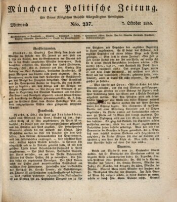 Münchener politische Zeitung (Süddeutsche Presse) Mittwoch 7. Oktober 1835