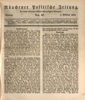 Münchener politische Zeitung (Süddeutsche Presse) Montag 1. Februar 1836