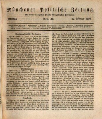 Münchener politische Zeitung (Süddeutsche Presse) Montag 22. Februar 1836