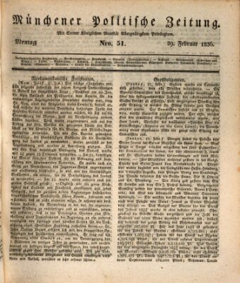 Münchener politische Zeitung (Süddeutsche Presse) Montag 29. Februar 1836