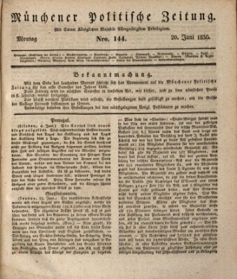 Münchener politische Zeitung (Süddeutsche Presse) Montag 20. Juni 1836