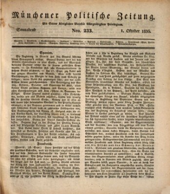 Münchener politische Zeitung (Süddeutsche Presse) Samstag 1. Oktober 1836