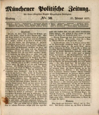 Münchener politische Zeitung (Süddeutsche Presse) Montag 27. Februar 1837