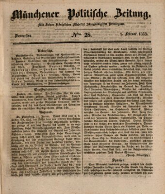 Münchener politische Zeitung (Süddeutsche Presse) Donnerstag 1. Februar 1838