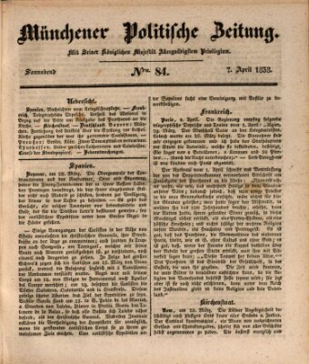 Münchener politische Zeitung (Süddeutsche Presse) Samstag 7. April 1838