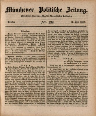 Münchener politische Zeitung (Süddeutsche Presse) Dienstag 12. Juni 1838