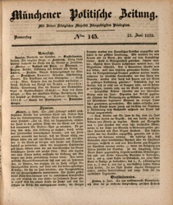 Münchener politische Zeitung (Süddeutsche Presse) Donnerstag 21. Juni 1838