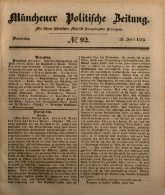 Münchener politische Zeitung (Süddeutsche Presse) Donnerstag 18. April 1839