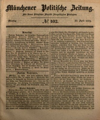 Münchener politische Zeitung (Süddeutsche Presse) Dienstag 30. April 1839