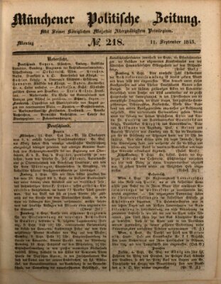 Münchener politische Zeitung (Süddeutsche Presse) Montag 11. September 1843