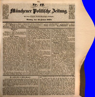 Münchener politische Zeitung (Süddeutsche Presse) Montag 15. Januar 1844