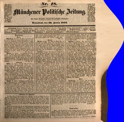 Münchener politische Zeitung (Süddeutsche Presse) Samstag 20. Januar 1844