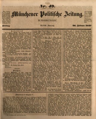 Münchener politische Zeitung (Süddeutsche Presse) Freitag 26. Februar 1847