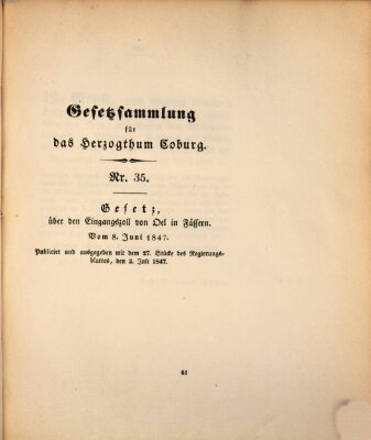 Gesetz-Sammlung für das Herzogtum Coburg (Coburger Regierungs-Blatt) Dienstag 8. Juni 1847