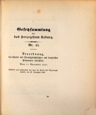 Gesetz-Sammlung für das Herzogtum Coburg (Coburger Regierungs-Blatt) Samstag 13. November 1847