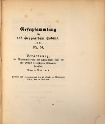 Gesetz-Sammlung für das Herzogtum Coburg (Coburger Regierungs-Blatt) Montag 8. Mai 1848