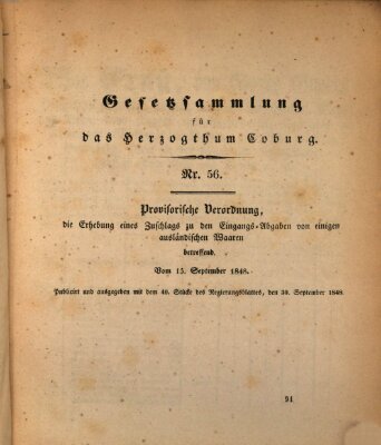 Gesetz-Sammlung für das Herzogtum Coburg (Coburger Regierungs-Blatt) Mittwoch 13. September 1848