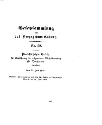 Gesetz-Sammlung für das Herzogtum Coburg (Coburger Regierungs-Blatt) Samstag 30. Juni 1849