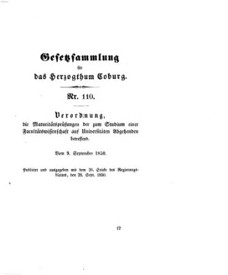 Gesetz-Sammlung für das Herzogtum Coburg (Coburger Regierungs-Blatt) Samstag 28. September 1850