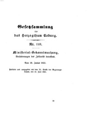 Gesetz-Sammlung für das Herzogtum Coburg (Coburger Regierungs-Blatt) Samstag 14. Juni 1851