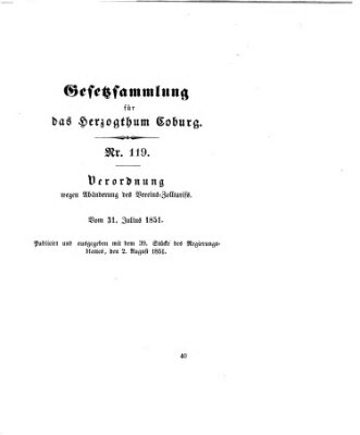 Gesetz-Sammlung für das Herzogtum Coburg (Coburger Regierungs-Blatt) Samstag 2. August 1851