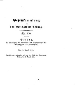 Gesetz-Sammlung für das Herzogtum Coburg (Coburger Regierungs-Blatt) Samstag 9. August 1851