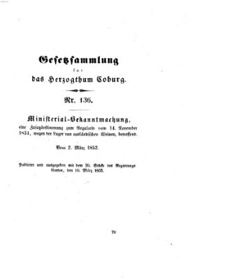 Gesetz-Sammlung für das Herzogtum Coburg (Coburger Regierungs-Blatt) Mittwoch 10. März 1852