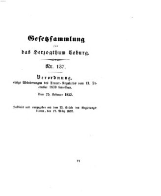 Gesetz-Sammlung für das Herzogtum Coburg (Coburger Regierungs-Blatt) Mittwoch 17. März 1852