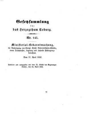 Gesetz-Sammlung für das Herzogtum Coburg (Coburger Regierungs-Blatt) Samstag 24. April 1852