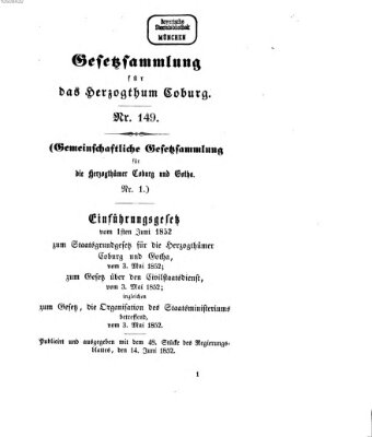 Gesetz-Sammlung für das Herzogtum Coburg (Coburger Regierungs-Blatt) Montag 14. Juni 1852