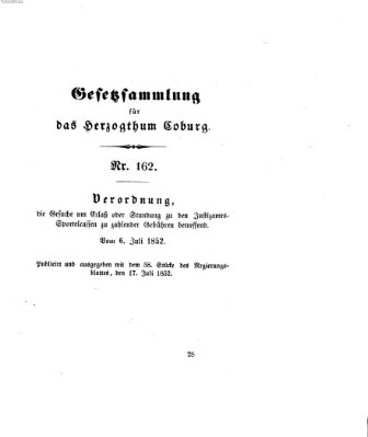 Gesetz-Sammlung für das Herzogtum Coburg (Coburger Regierungs-Blatt) Samstag 17. Juli 1852