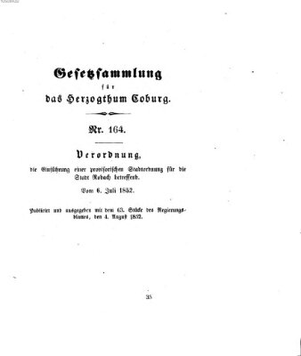 Gesetz-Sammlung für das Herzogtum Coburg (Coburger Regierungs-Blatt) Mittwoch 4. August 1852