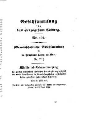 Gesetz-Sammlung für das Herzogtum Coburg (Coburger Regierungs-Blatt) Samstag 3. Juni 1854