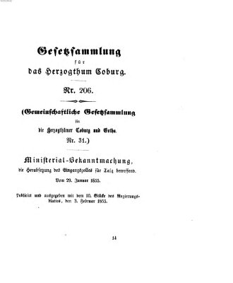 Gesetz-Sammlung für das Herzogtum Coburg (Coburger Regierungs-Blatt) Samstag 3. Februar 1855