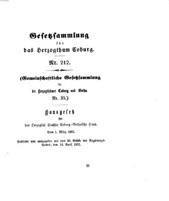 Gesetz-Sammlung für das Herzogtum Coburg (Coburger Regierungs-Blatt) Samstag 14. April 1855