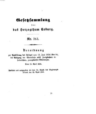 Gesetz-Sammlung für das Herzogtum Coburg (Coburger Regierungs-Blatt) Mittwoch 18. April 1855