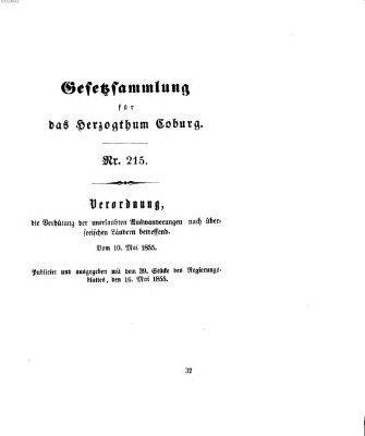 Gesetz-Sammlung für das Herzogtum Coburg (Coburger Regierungs-Blatt) Mittwoch 16. Mai 1855