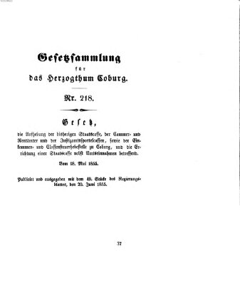 Gesetz-Sammlung für das Herzogtum Coburg (Coburger Regierungs-Blatt) Mittwoch 20. Juni 1855