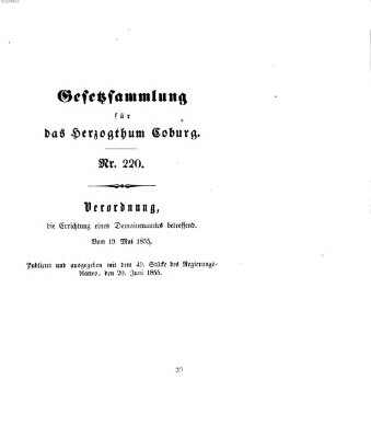 Gesetz-Sammlung für das Herzogtum Coburg (Coburger Regierungs-Blatt) Mittwoch 20. Juni 1855