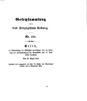 Gesetz-Sammlung für das Herzogtum Coburg (Coburger Regierungs-Blatt) Freitag 8. September 1854