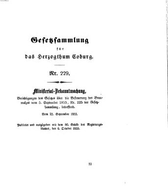 Gesetz-Sammlung für das Herzogtum Coburg (Coburger Regierungs-Blatt) Samstag 6. Oktober 1855