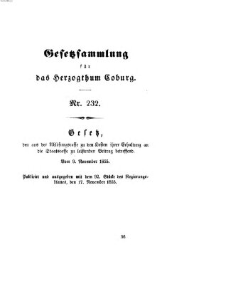 Gesetz-Sammlung für das Herzogtum Coburg (Coburger Regierungs-Blatt) Freitag 9. November 1855