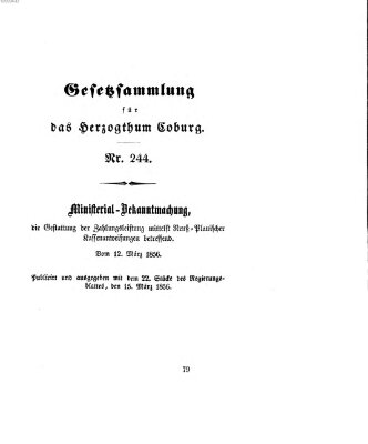 Gesetz-Sammlung für das Herzogtum Coburg (Coburger Regierungs-Blatt) Samstag 15. März 1856